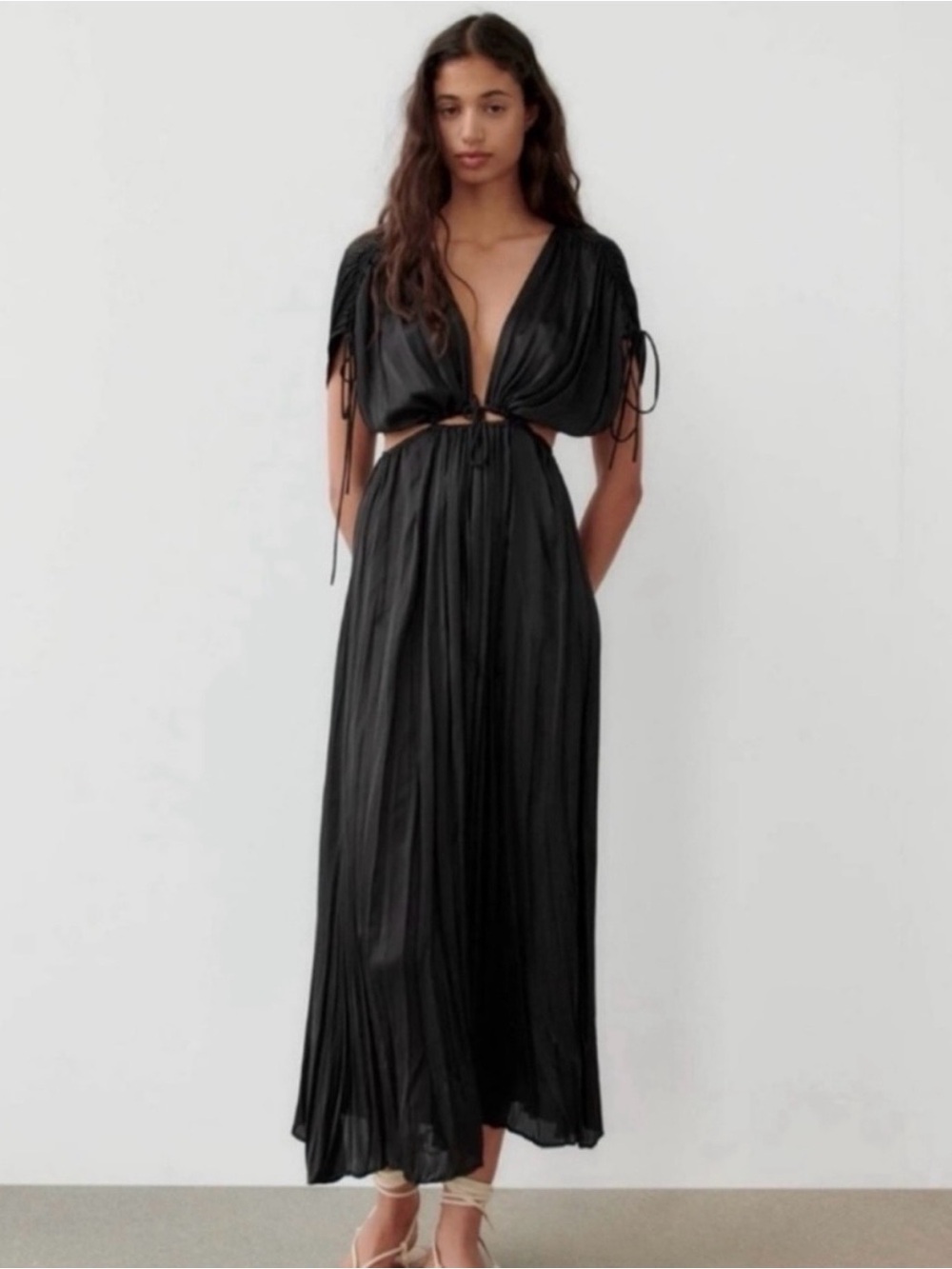Zara Black Cutout Ruched Maxi Dress NWT